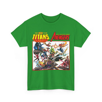 New Teen Titans Vs Avengers T-Shirt - George Perez Art - Hawkeye, Wonder Man, Raven, Starfire, Cyborg, Scarlet Witch, Wonder Girl - DC Comics & Marvel Comics