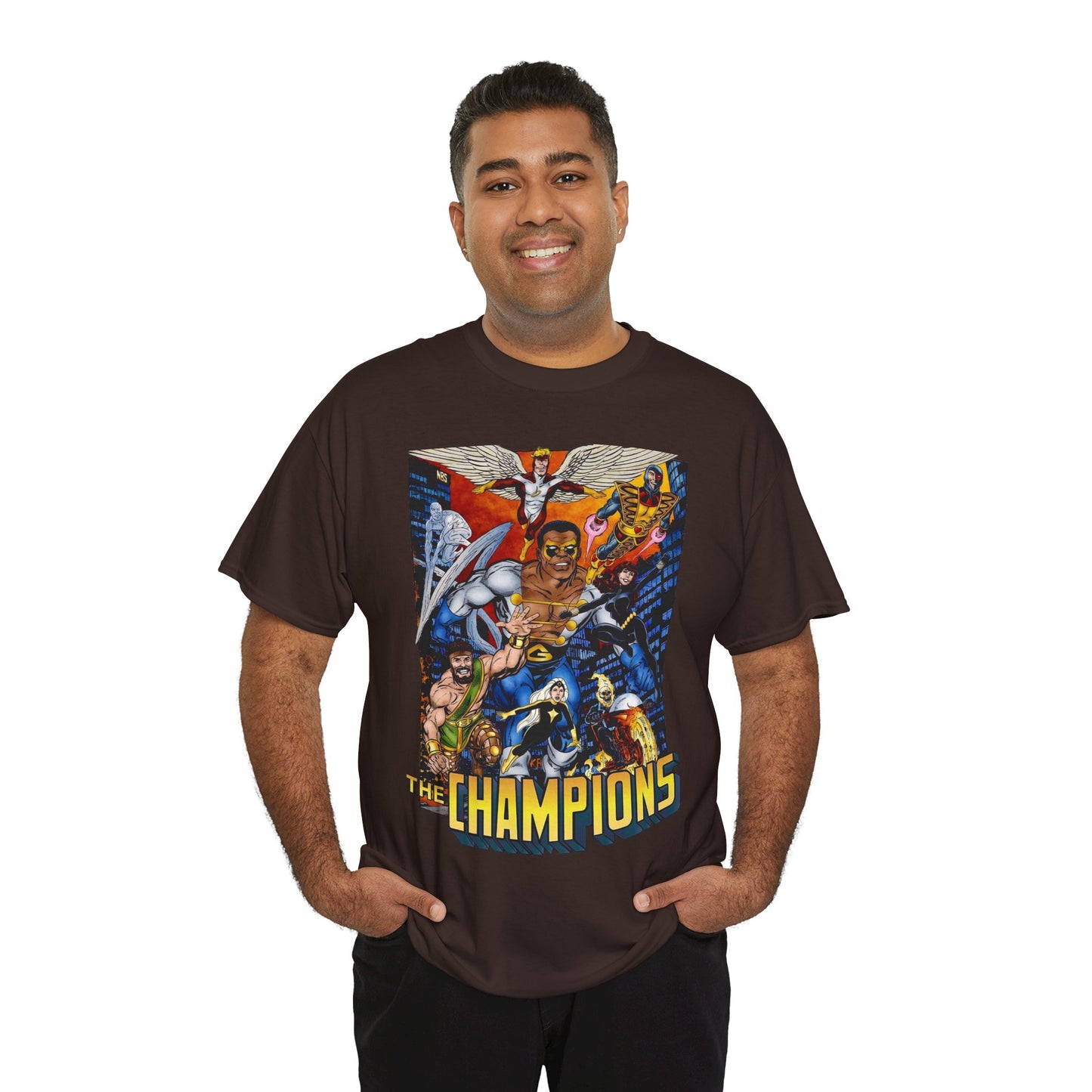 Champions T-Shirt - John Byrne Art - Hercules, Black Widow, Ghost Rider, Black Goliath, Silver Surfer, Jack of Hearts - Marvel Comics 1970s Series