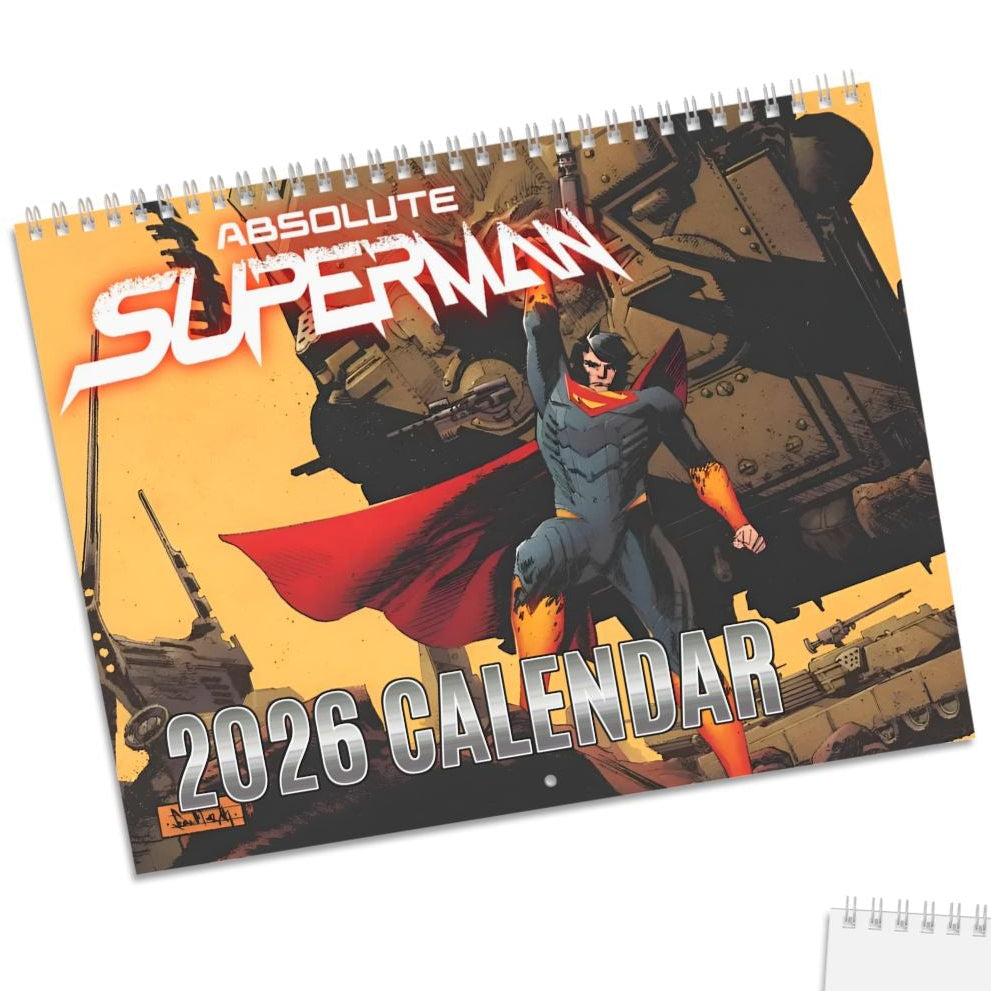 Superman 2026 calendar with a white sheet on a white background
