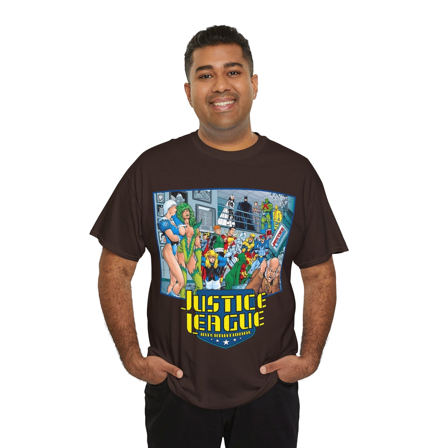 Justice League International T-Shirt - Kevin Maguire Art - Blue Beetle, Booster Gold, Martian Manhunter, Captain Atom, Batman, Fire, Ice - DC Comics - JLI