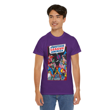 Justice League of America T-Shirt - George Perez Art - 1980s Satellite Era - Superman, Wonder Woman, Firestorm, Green Lantern, Batman - DC Comics