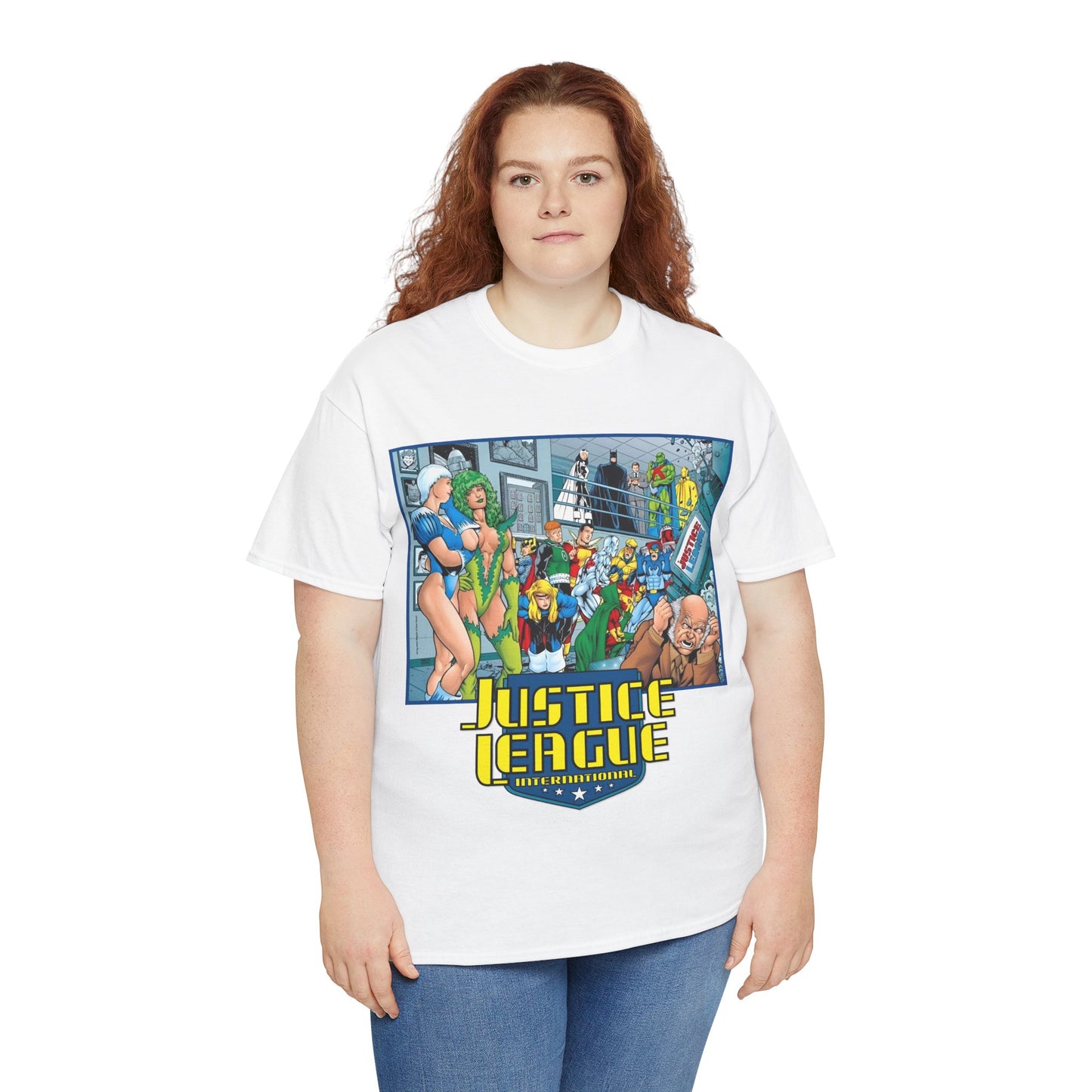 Justice League International T-Shirt - Kevin Maguire Art - Blue Beetle, Booster Gold, Martian Manhunter, Captain Atom, Batman, Fire, Ice - DC Comics - JLI