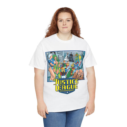 Justice League International T-Shirt - Kevin Maguire Art - Blue Beetle, Booster Gold, Martian Manhunter, Captain Atom, Batman, Fire, Ice - DC Comics - JLI