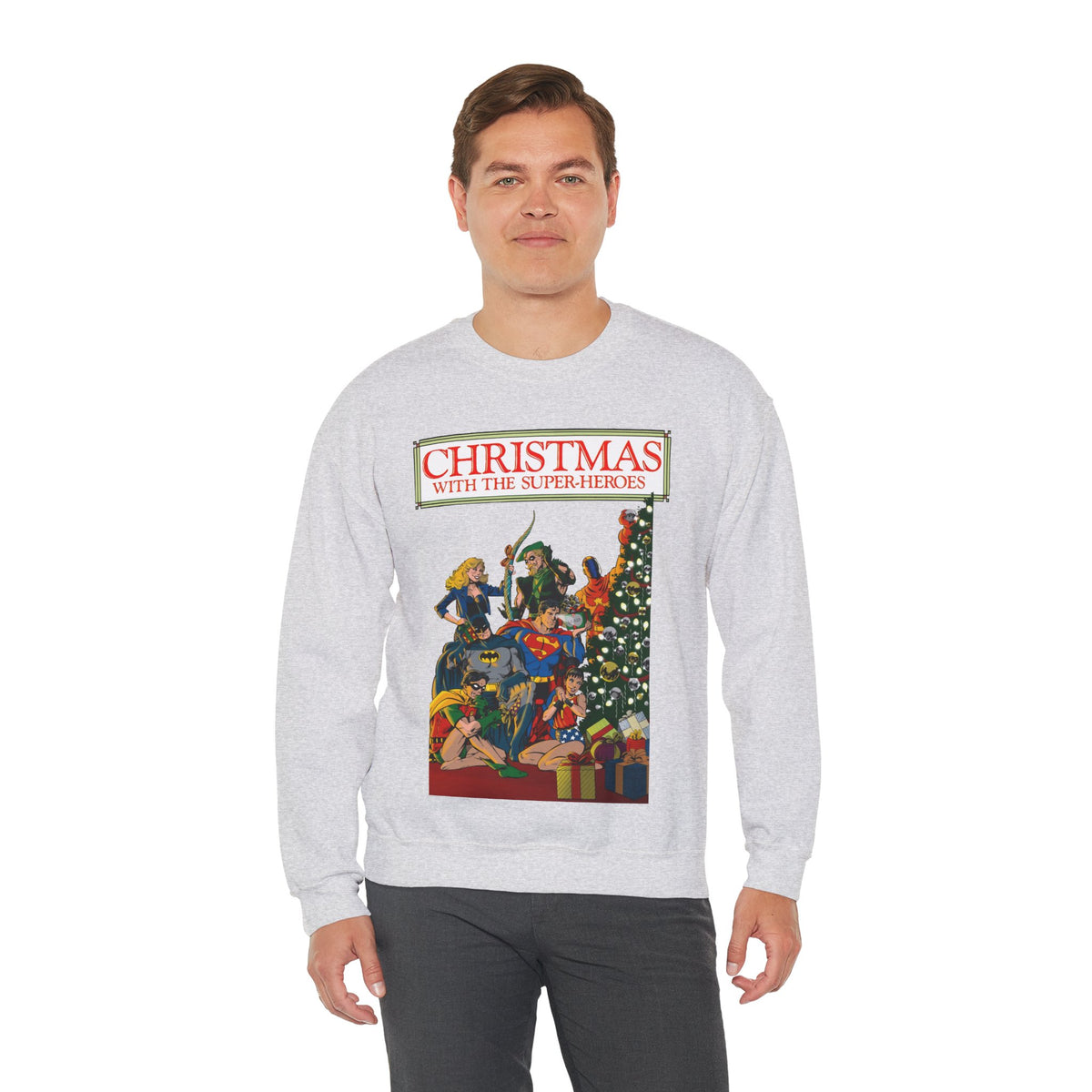 Christmas With the DC Super-Heroes Heavy Blend Crewneck Sweatshirt - Superman, Batman, Green Arrow, Black Canary - Festive Holiday Shirt
