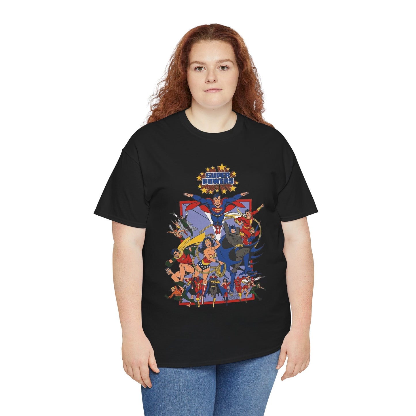 Super Powers T-Shirt - Superman, Flash, Wonder Woman, Batman, Batgirl, Robin, Plastic Man, Aquaman, Hawkman, Supergirl - 1980s Kenner Toy Line - Retro DC Comics