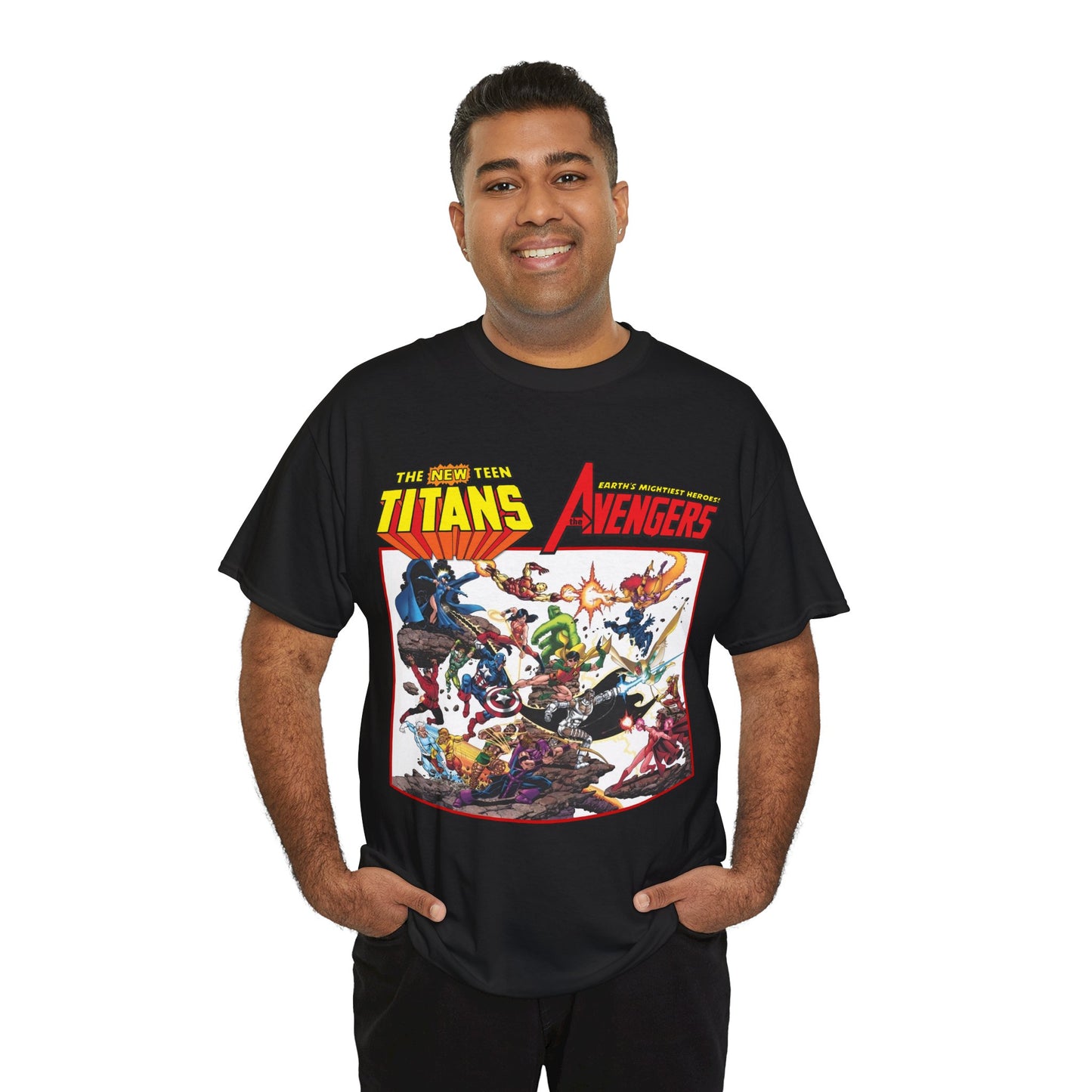 New Teen Titans Vs Avengers T-Shirt - George Perez Art - Hawkeye, Wonder Man, Raven, Starfire, Cyborg, Scarlet Witch, Wonder Girl - DC Comics & Marvel Comics