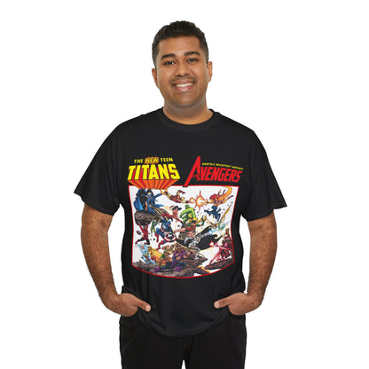 New Teen Titans Vs Avengers T-Shirt - George Perez Art - Hawkeye, Wonder Man, Raven, Starfire, Cyborg, Scarlet Witch, Wonder Girl - DC Comics & Marvel Comics