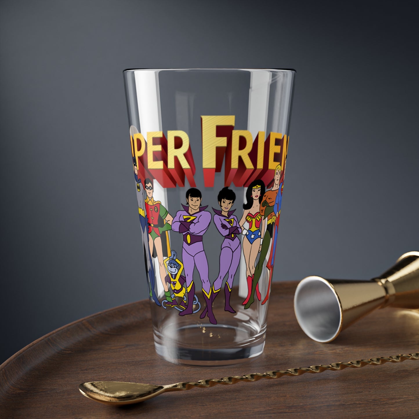 Super Friends Pint Glass, 16oz - Hanna-Barbera Saturday Morning Cartoon - Superman, Batman, Wonder Woman, Aquaman, Robin, Zan, Jayna, Gleek, The Wonder Twins - DC Comics