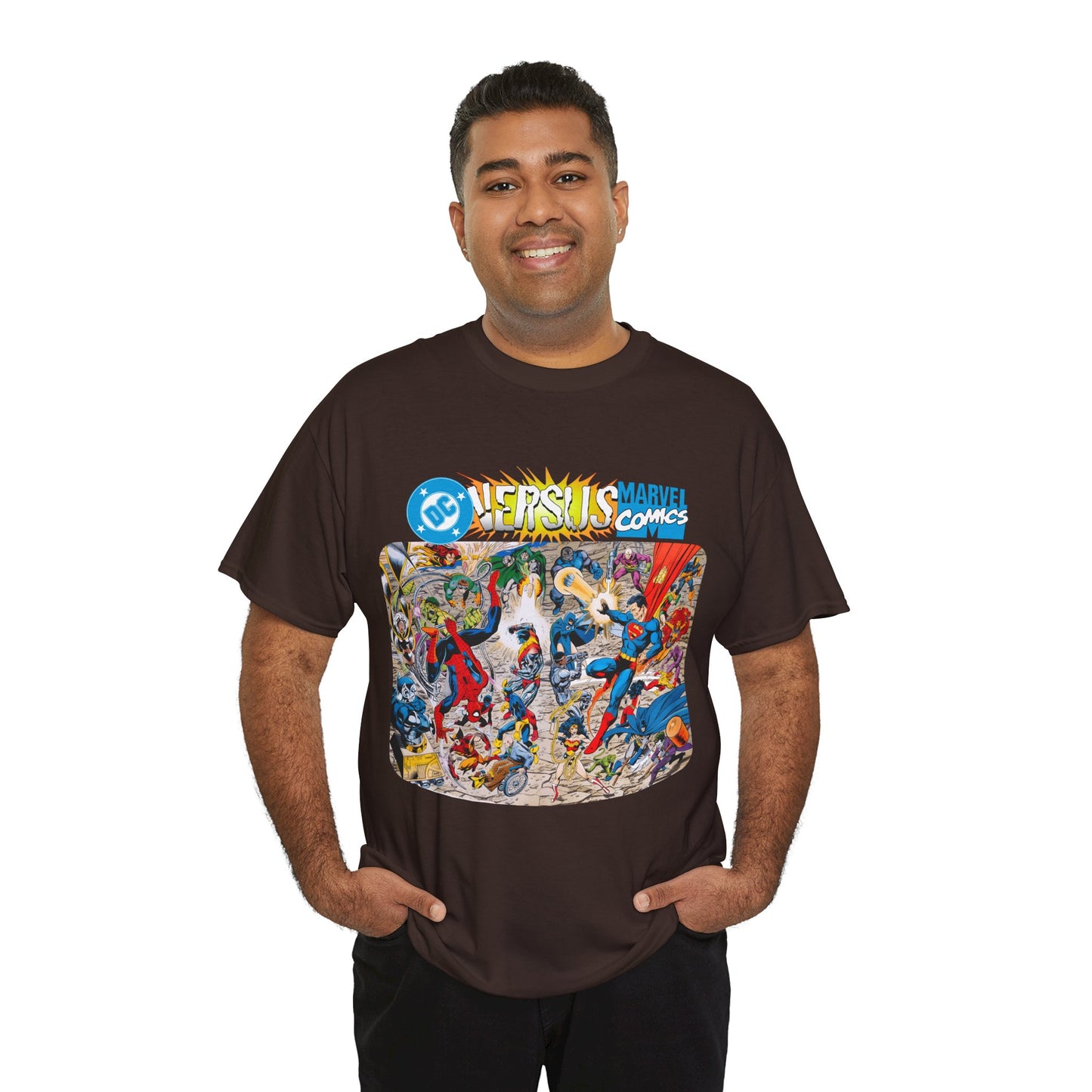 DC Comics Vs Marvel T-Shirt - John Byrne Art - Spider-Man, Raven, Cyborg, Wolverine, Joker, Superman, Batman, Deathstroke, Darkseid