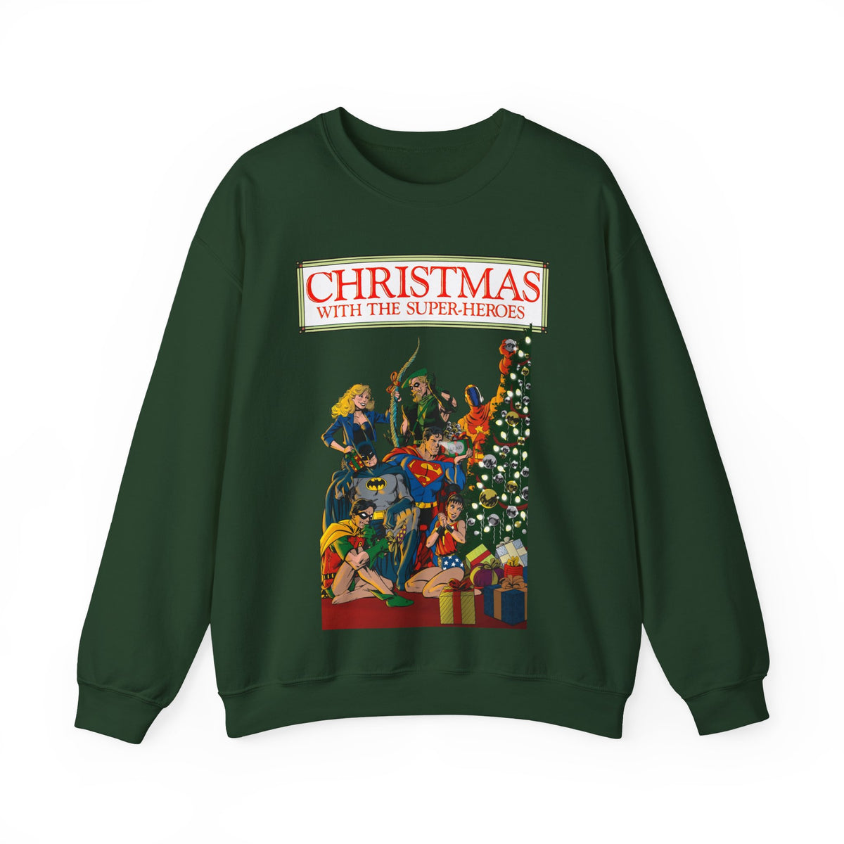 Christmas With the DC Super-Heroes Heavy Blend Crewneck Sweatshirt - Superman, Batman, Green Arrow, Black Canary - Festive Holiday Shirt