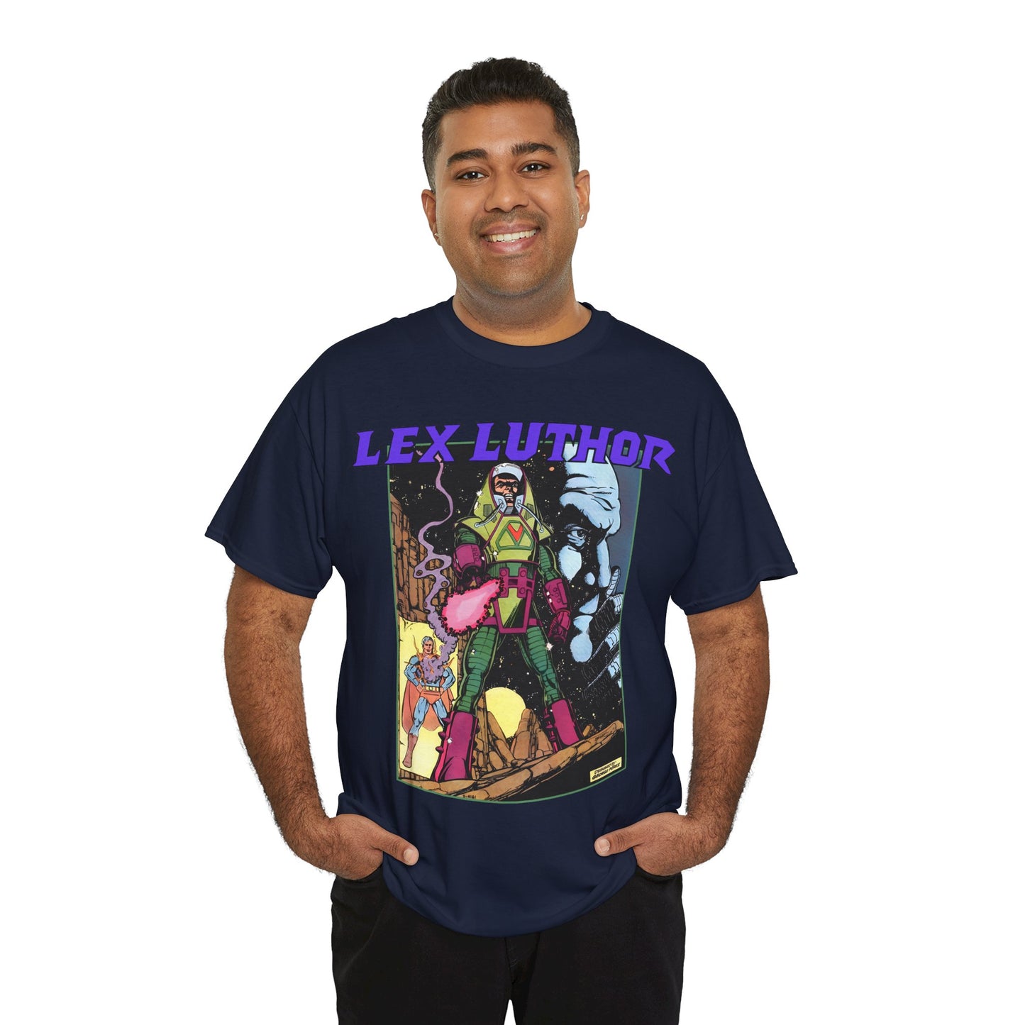 Lex Luthor T-Shirt - George Perez Art - 1980s DC Comics - Action Comics Armor - Inspiration for Super Powers Figure - Superman Enemy