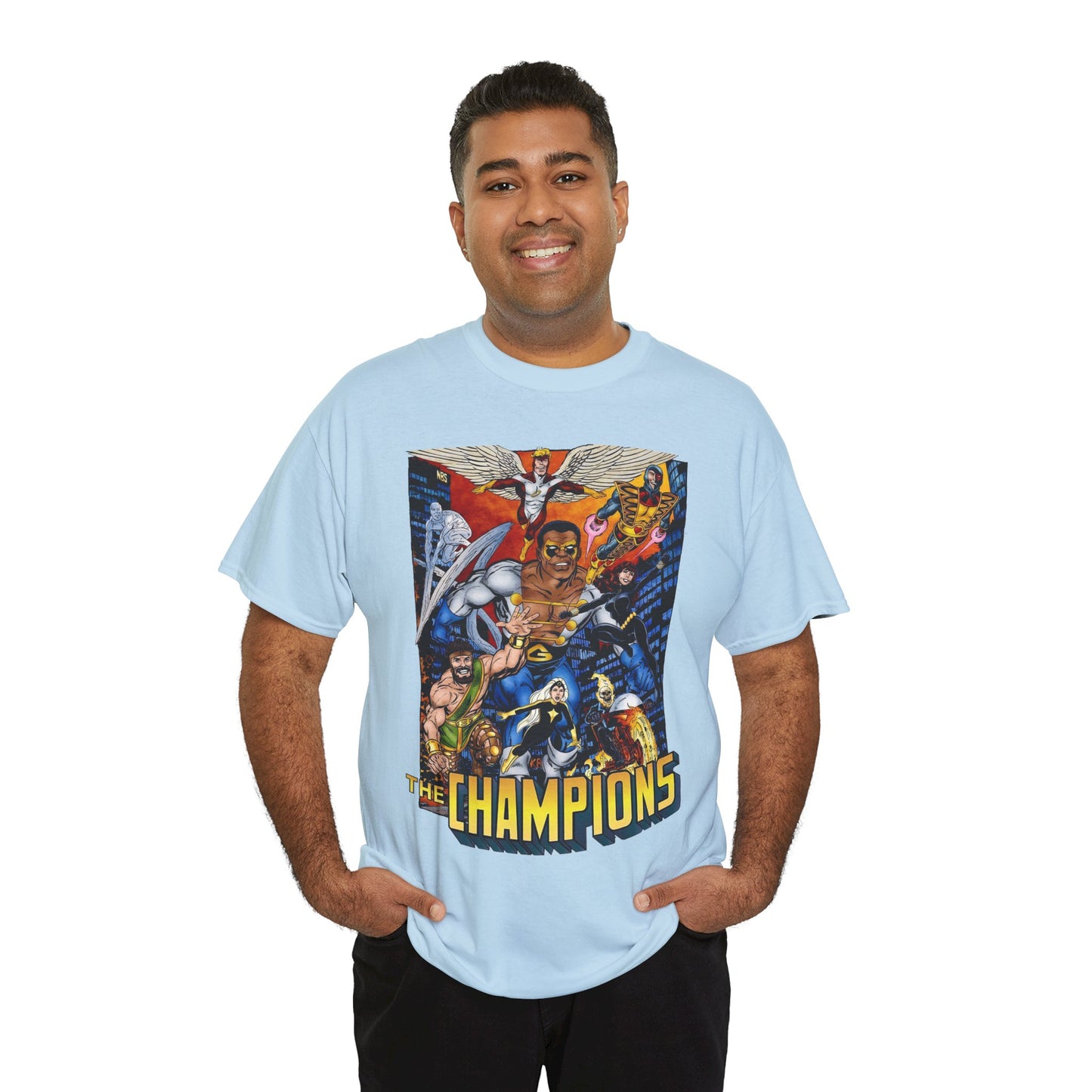 Champions T-Shirt - John Byrne Art - Hercules, Black Widow, Ghost Rider, Black Goliath, Silver Surfer, Jack of Hearts - Marvel Comics 1970s Series