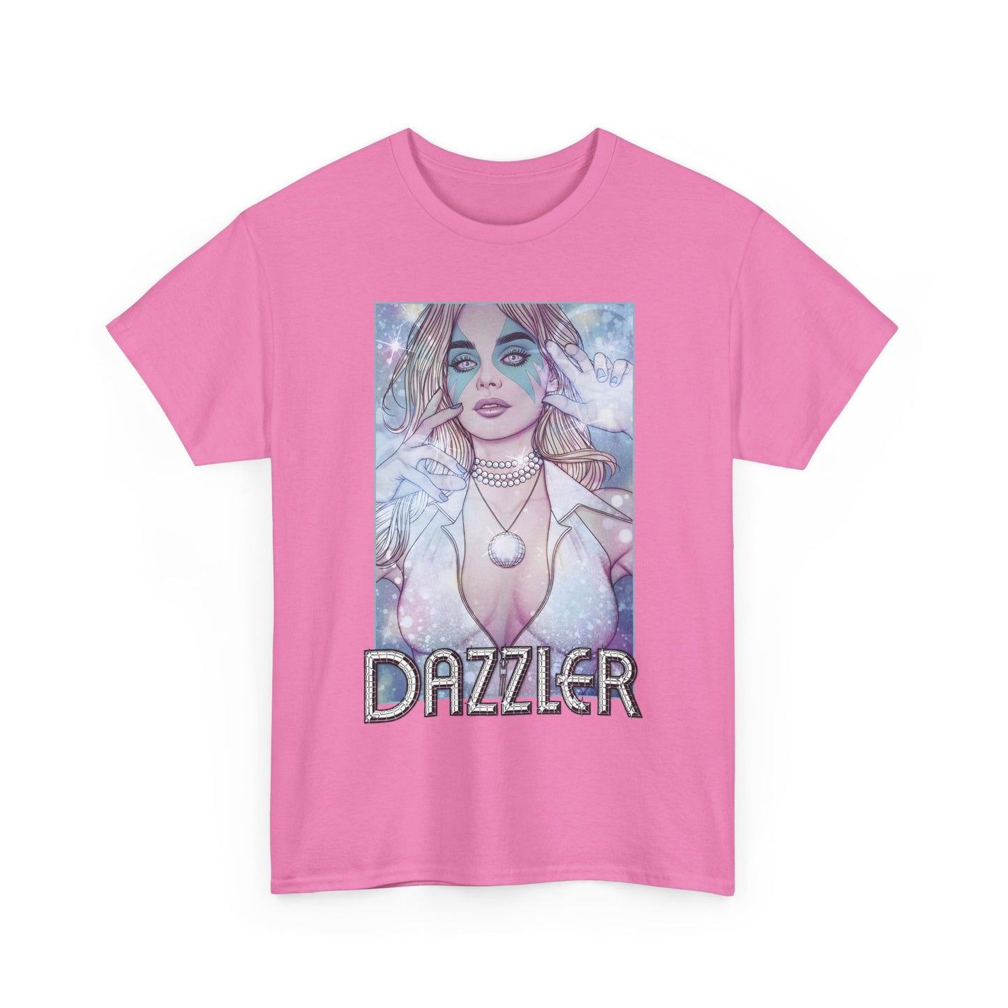 Pink t-shirt with 'Dazzler' graphic design on a white background