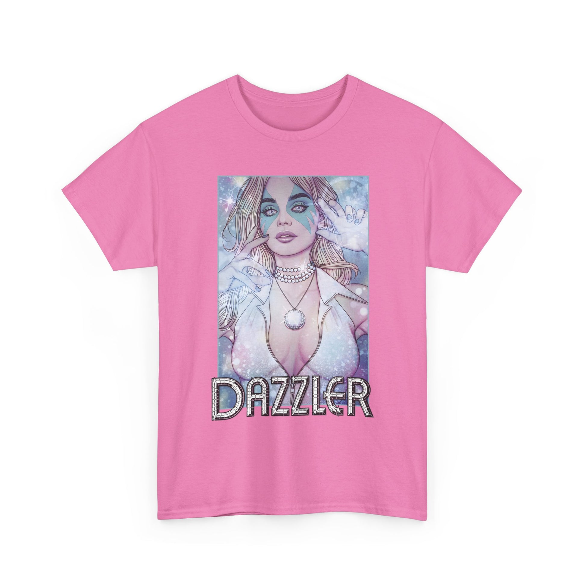 Pink t-shirt with 'Dazzler' graphic design on a white background