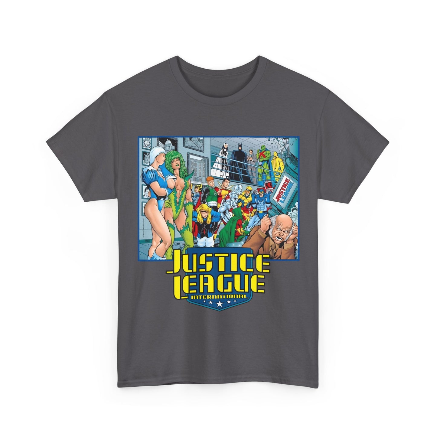 Justice League International T-Shirt - Kevin Maguire Art - Blue Beetle, Booster Gold, Martian Manhunter, Captain Atom, Batman, Fire, Ice - DC Comics - JLI