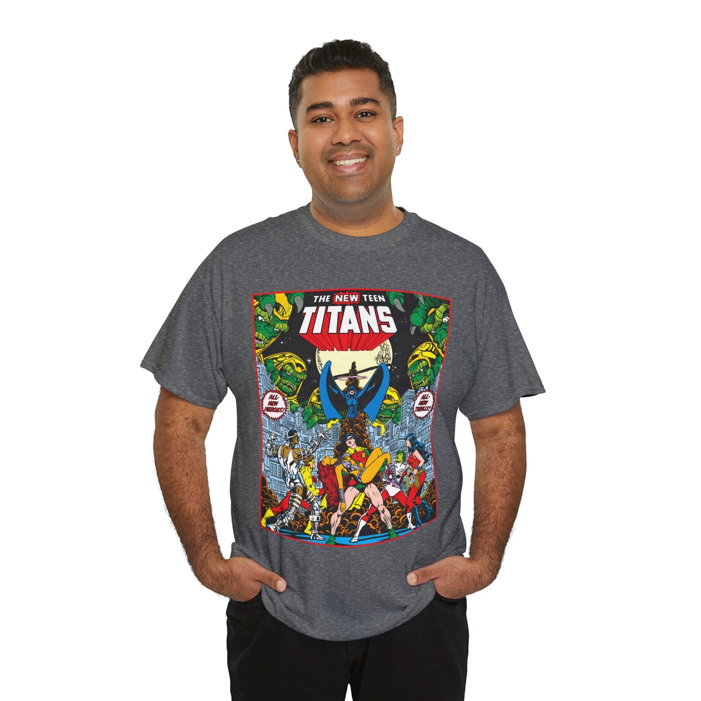 New Teen Titans T-Shirt - George Perez Art - #1 Splash Page - Robin, Starfire, Wonder Girl, Cyborg, Raven, Changeling, Kid Flash - DC Comics