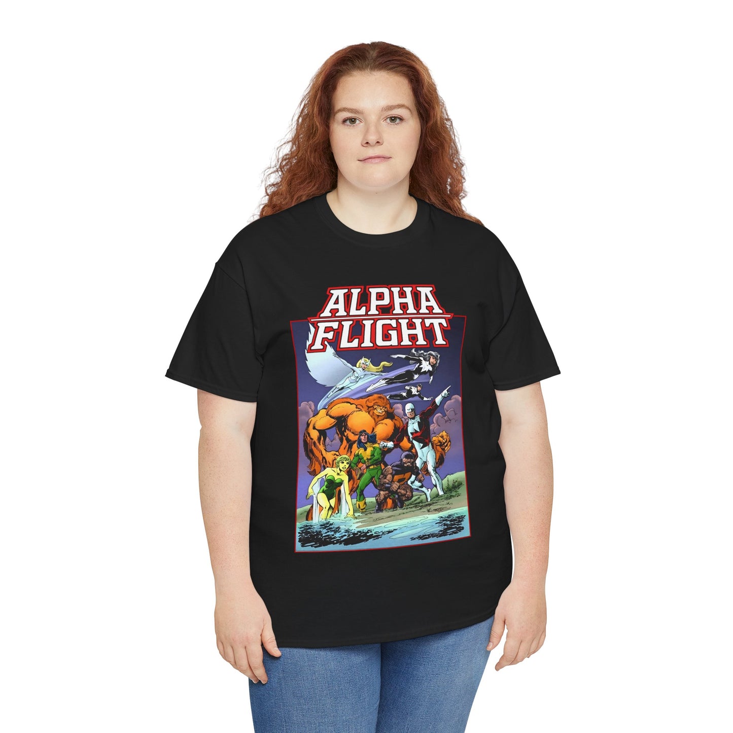 Alpha Flight T-Shirt - John Byrne Art - Guardian, Aurora, Northstar, Shaman, Snowbird, Puck - Marvel Comics - Canada's Super-Team
