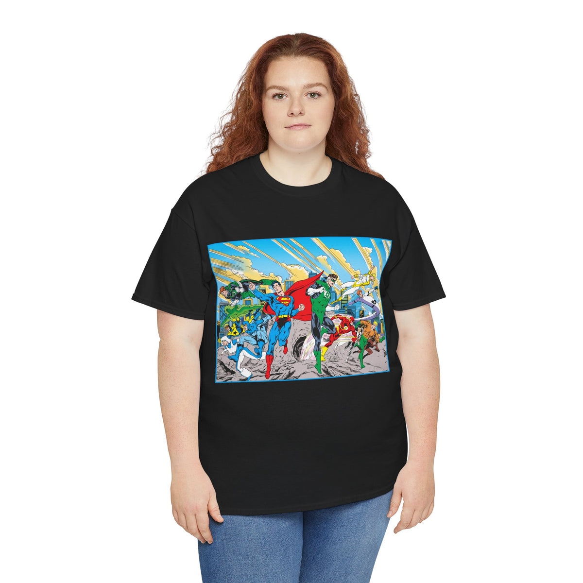 Justice League America/Europe T-Shirt - Dan Jurgens Art - Superman, Blue Beetle, Booster Gold, Green Lantern, Aquaman, Power Girl, Guy Gardner, Flash - DC Comics