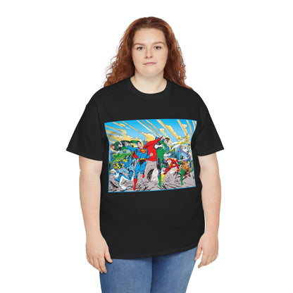 Justice League America/Europe T-Shirt - Dan Jurgens Art - Superman, Blue Beetle, Booster Gold, Green Lantern, Aquaman, Power Girl, Guy Gardner, Flash - DC Comics