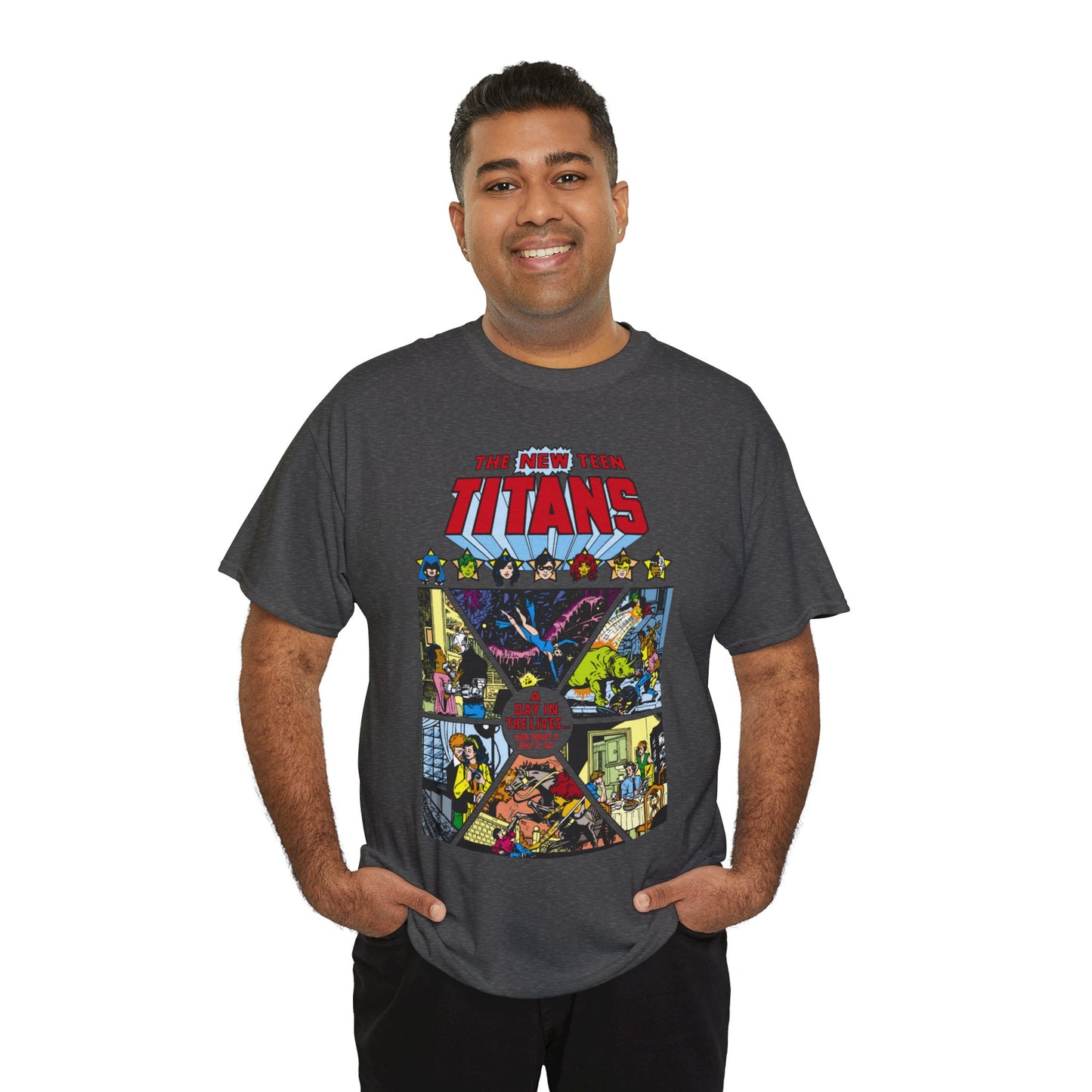 New Teen Titans T-Shirt - George Perez Art - #8 Cover - A Day in the Life - Robin, Wonder Girl, Cyborg, Starfire, Raven, Changeling, Kid Flash - DC Comics