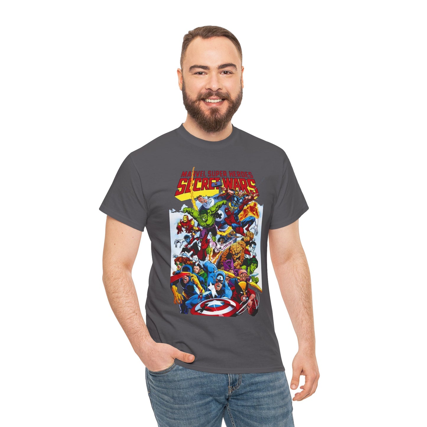 Secret Wars T-Shirt - Spider-man, Wolverine, Iron Man, Captain America, Cyclops, Rogue, Hulk, Mr Fantastic, The Thing - Classic Marvel Comics 1980s Series - The Beyonder