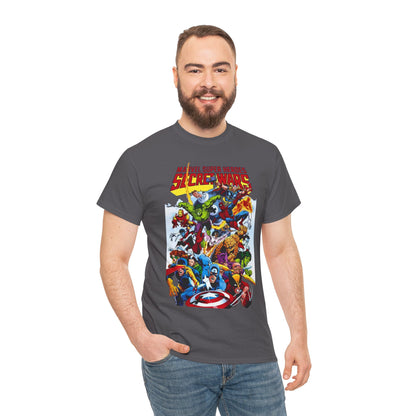Secret Wars T-Shirt - Spider-man, Wolverine, Iron Man, Captain America, Cyclops, Rogue, Hulk, Mr Fantastic, The Thing - Classic Marvel Comics 1980s Series - The Beyonder