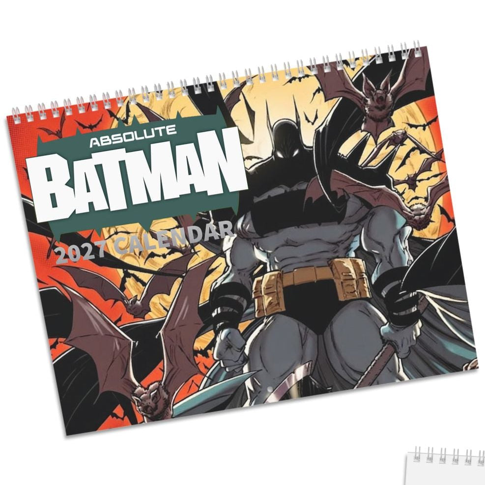 Two spiral-bound Batman wall calendars shown on a white background, one displaying the colorful 2027 cover art and the other showing the blank white back page with a small cover sticker.