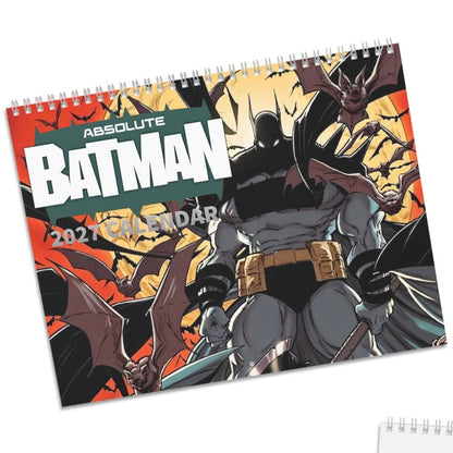 Two spiral-bound Batman wall calendars shown on a white background, one displaying the colorful 2027 cover art and the other showing the blank white back page with a small cover sticker.