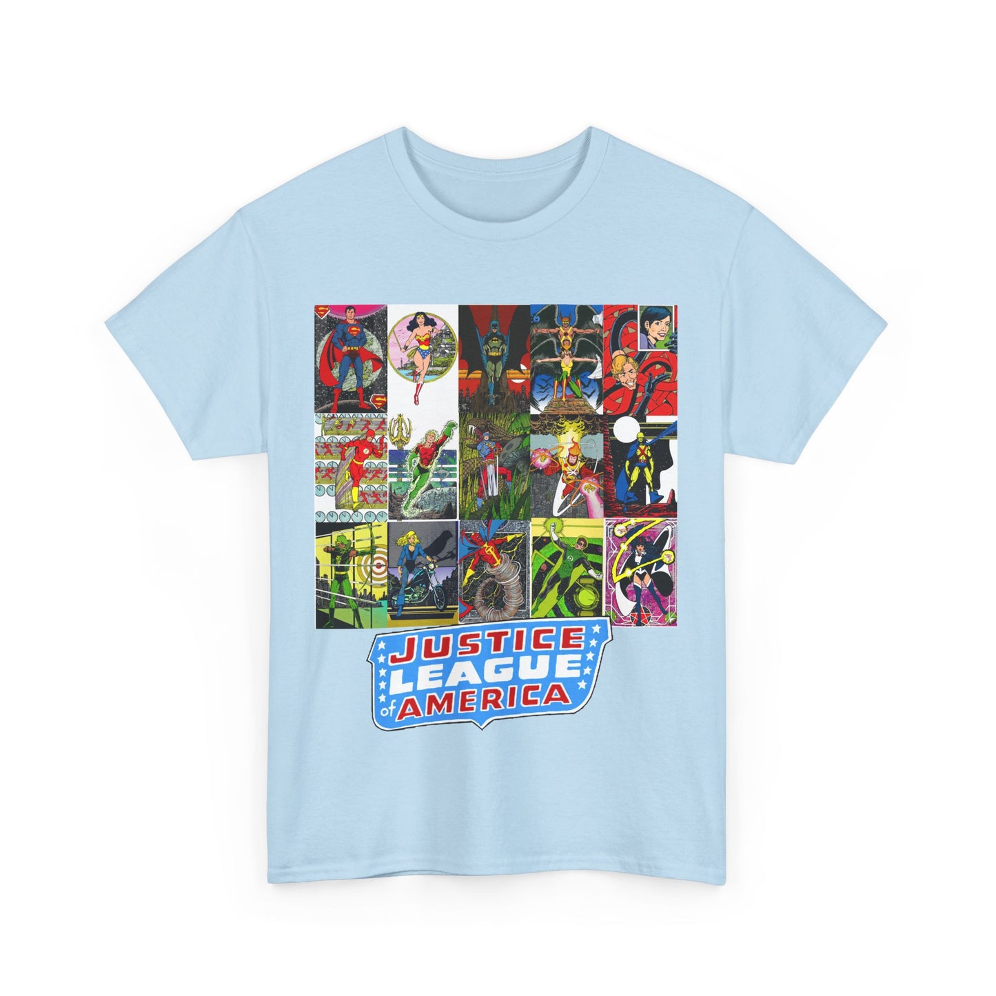 JLA Postcard T-Shirt - George Perez Art - Zatanna, Green Lantern, Flash, Batman, Hawkman, Wonder Woman, Firestorm - Justice League of America - DC Comics