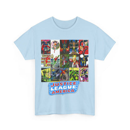 JLA Postcard T-Shirt - George Perez Art - Zatanna, Green Lantern, Flash, Batman, Hawkman, Wonder Woman, Firestorm - Justice League of America - DC Comics