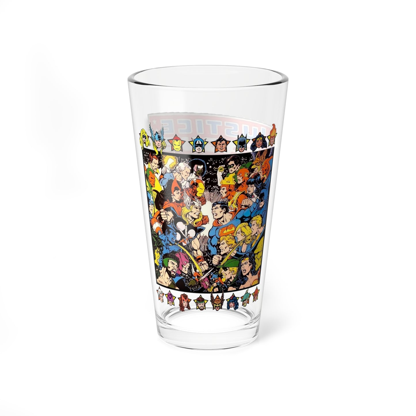 Justice League Vs Avengers Pint Glass, 16oz - George Perez Art - Superman, Iron Man, Thor, Captain America, Wonder Woman, Scarlet Witch, Green Lantern - DC & Marvel Comics
