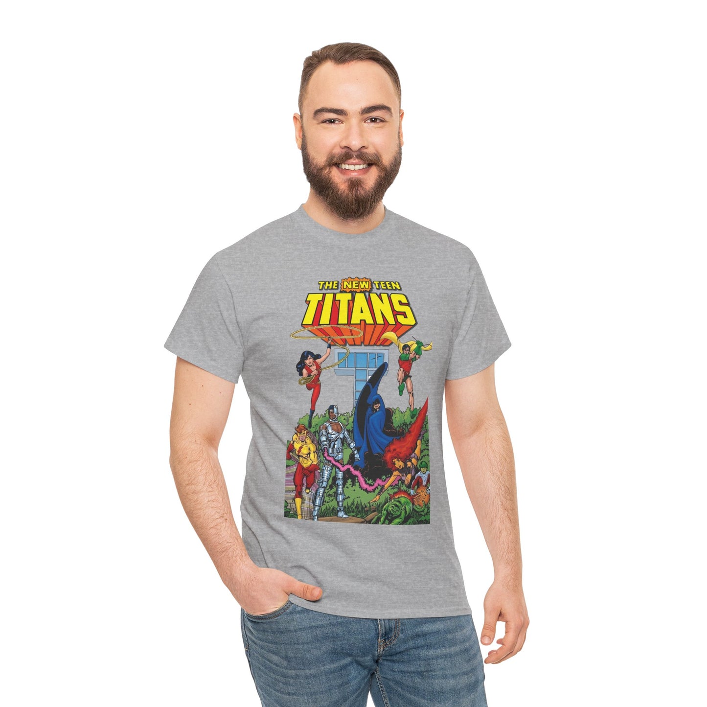 New Teen Titans T-Shirt - George Perez Art - Robin, Wonder Girl, Cyborg, Raven, Changeling, Starfire, Kid Flash - Titans Tower - DC Comics