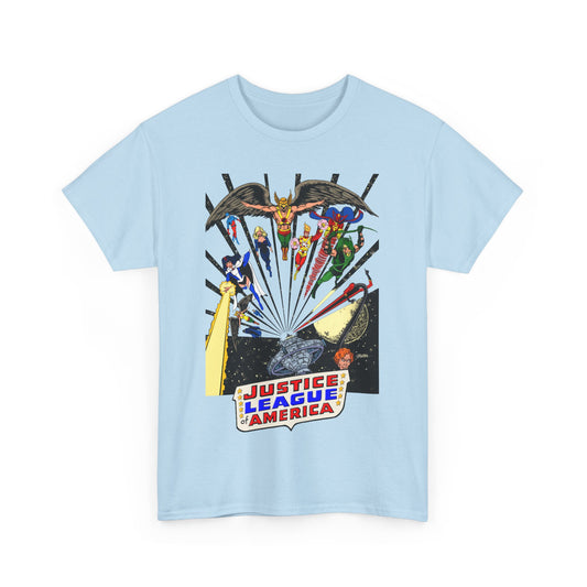 Justice League of America T-Shirt - George Perez Art - Bronze Age Satellite Era - DC Comics - Hawkman, Zatanna, Atom, Firestorm, Elongated Man, Green Arrow