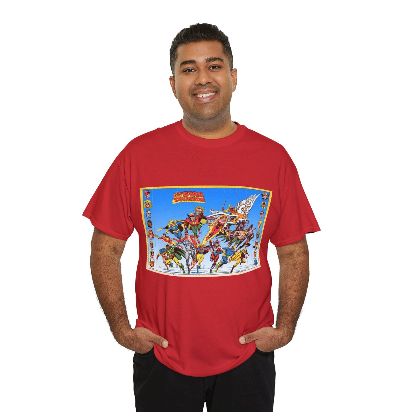 All-Star Squadron T-Shirt - Jerry Ordway Art - JSA Connection - Firebrand, Robotman, Amazing Man, Shining Knight, Tarantula, Dr Fate - Retro 1980s Series - DC Comics