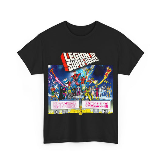 Legion of Super-Heroes T-Shirt - Gorgeous George Perez Art - History of the DC Universe - Lightning Lad, Timber Wolf, Wildfire, Sun Boy, Chamelon Boy - DC Comics