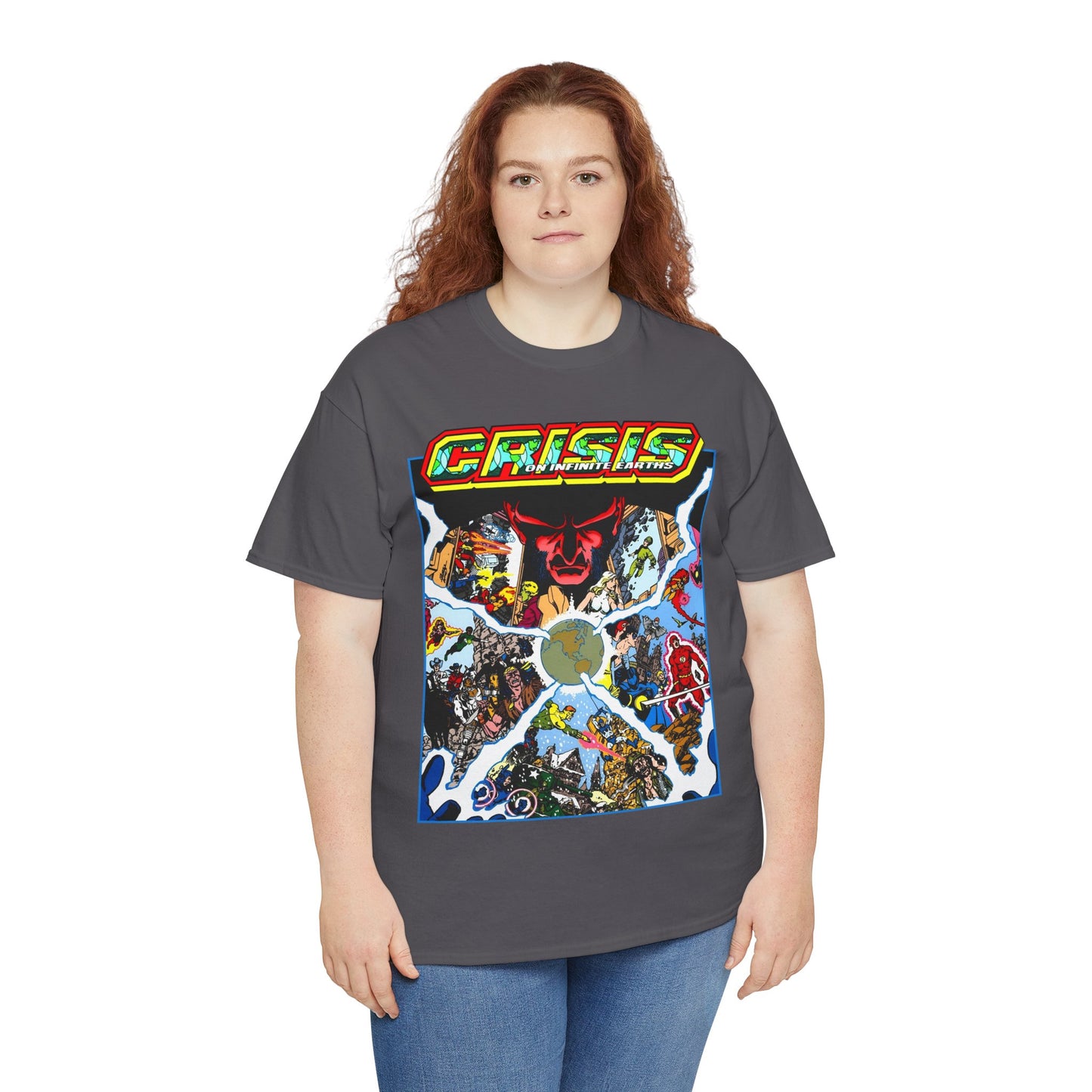 Crisis on Infinite Earths T-Shirt - George Perez Art - #3 Cover - Monitor, Flash, Starfire, Brainiac 5, Dream Girl - DC Comics