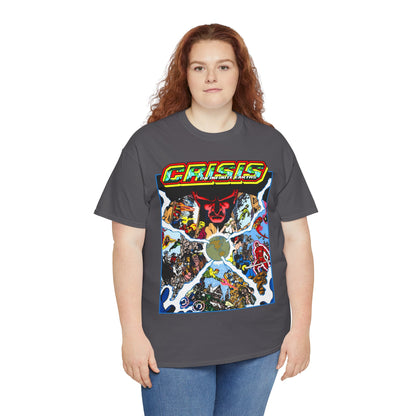 Crisis on Infinite Earths T-Shirt - George Perez Art - #3 Cover - Monitor, Flash, Starfire, Brainiac 5, Dream Girl - DC Comics