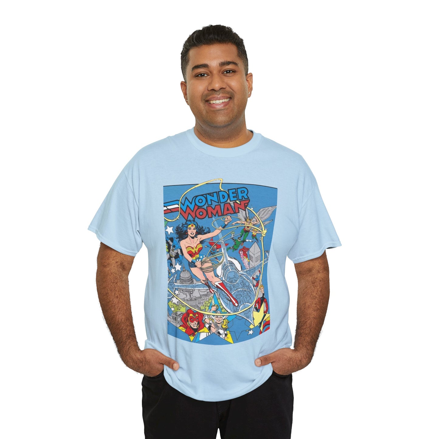 Wonder Woman T-Shirt - Ed Hannigan Art - #300 Cover Art - Hawkman, Green Lantern, Elongated Man, Sandman - DC Comics