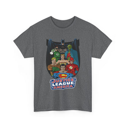Justice League of America T-Shirt - George Perez Art - Superman, Wonder Woman, Batman, Aquaman, Martian Manhunter, Flash, Green Lantern - DC Comics