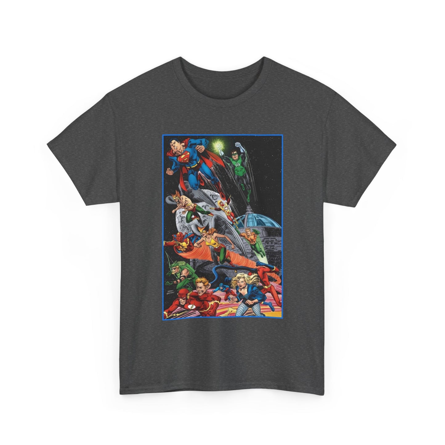Justice League of America T-Shirt - Jerry Ordway Art - Superman, Wonder Woman, Firestorm, Flash, Black Canary, Atom - DC Comics