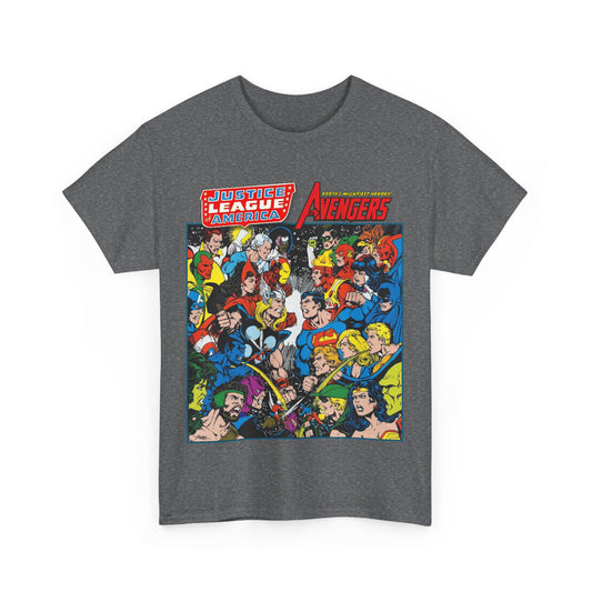 Justice League/Avengers T-Shirt - DC & Marvel Comics Art - George Perez - JLA - Batman, Captain America, Iron Man, Green Lantern