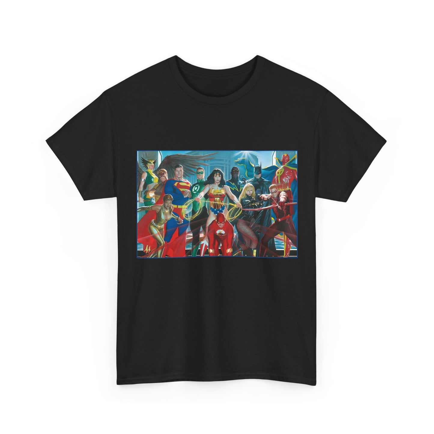 Justice League T-Shirt - Alex Ross Art - Superman, Wonder Woman, Batman, Flash, Black Canary, Vixen, Black Lightning, Green Lantern, Geo-Force, Red Tornado - DC Comics