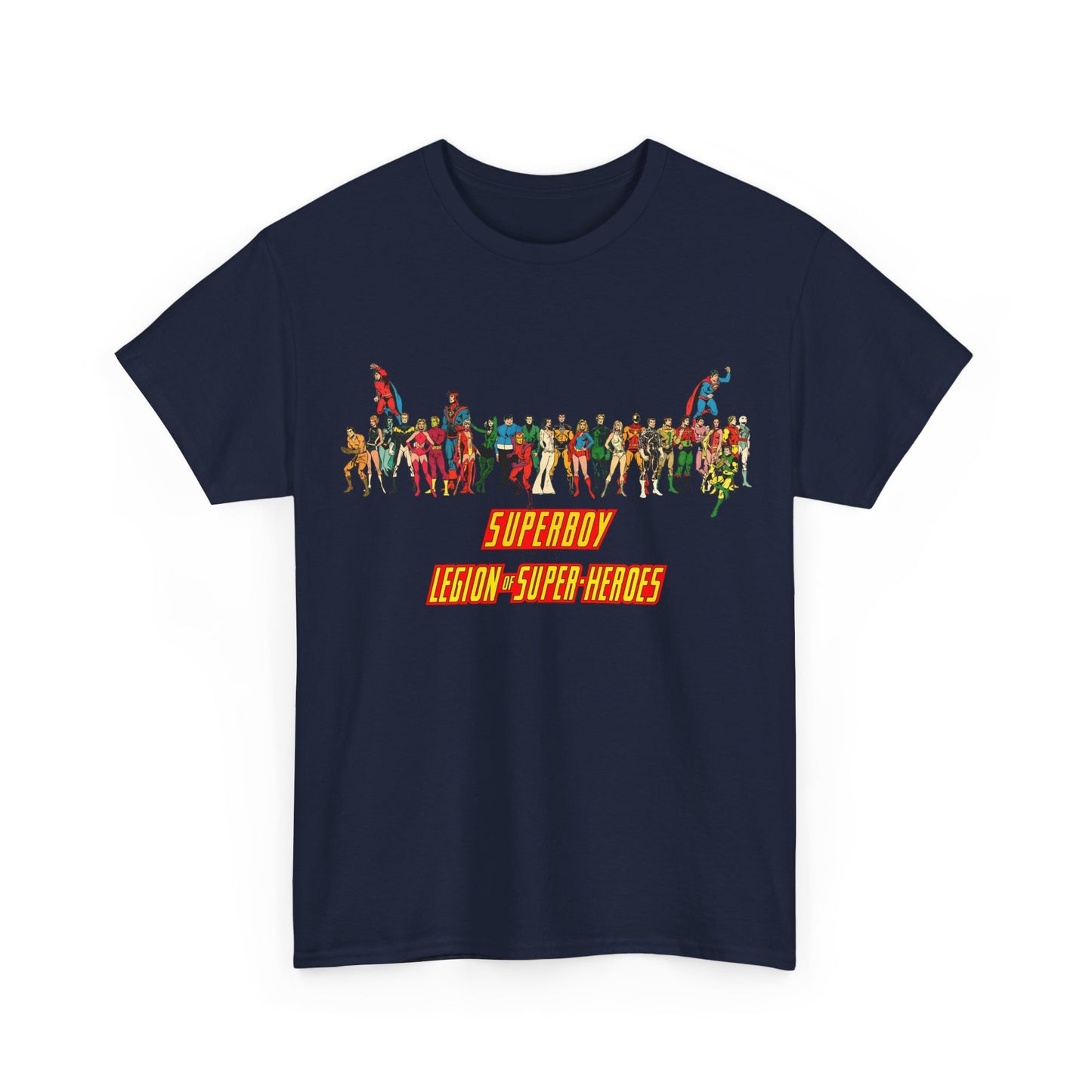 Superboy & Legion of Super-Heroes T-Shirt - 1970s DC Comics Art - Saturn Girl, Lightning Lad, Brainiac 5, Supergirl, Dawnstar, Mon-El, Bouncing Boy, Wildfire - LOSH