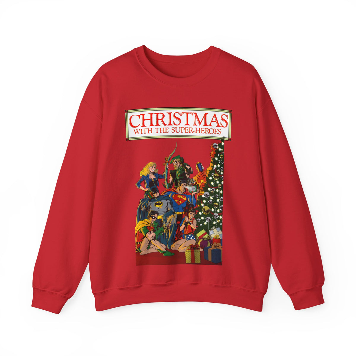 Christmas With the DC Super-Heroes Heavy Blend Crewneck Sweatshirt - Superman, Batman, Green Arrow, Black Canary - Festive Holiday Shirt