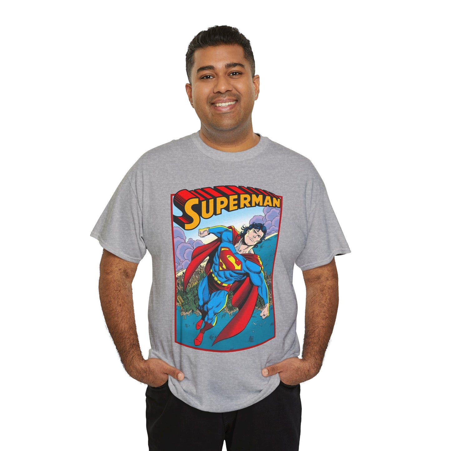 Superman T-Shirt - Tom Grummett Art - DC Comics - Metropolis, Man of Steel Flying Through the Sky - Post-Reign of the Supermen Storyline Artwork