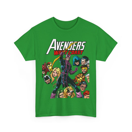 Avengers West Coast T-Shirt - Bob Hall Art - Hawkeye, Iron Man, Wonder Man, Tigra, Mockingbird - Marvel Comics Team
