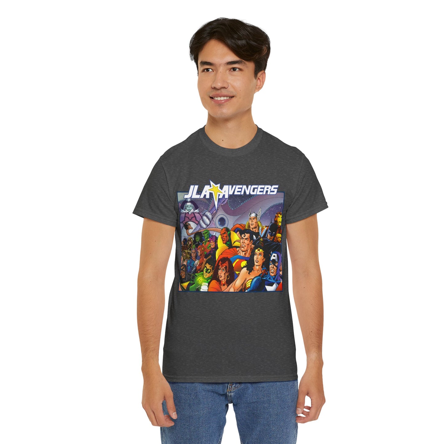 JLA/Avengers T-Shirt - George Perez Art - Wonder Woman, Scarlet Witch, Batman, Thor, Iron Man, Superman - DC Comics, Marvel Comics