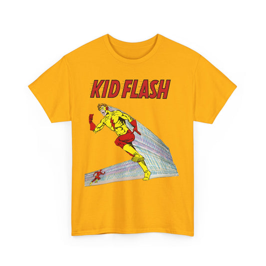 Yellow t-shirt with 'Kid Flash' graphic design on a white background. Kid Flash is running across the shirt.