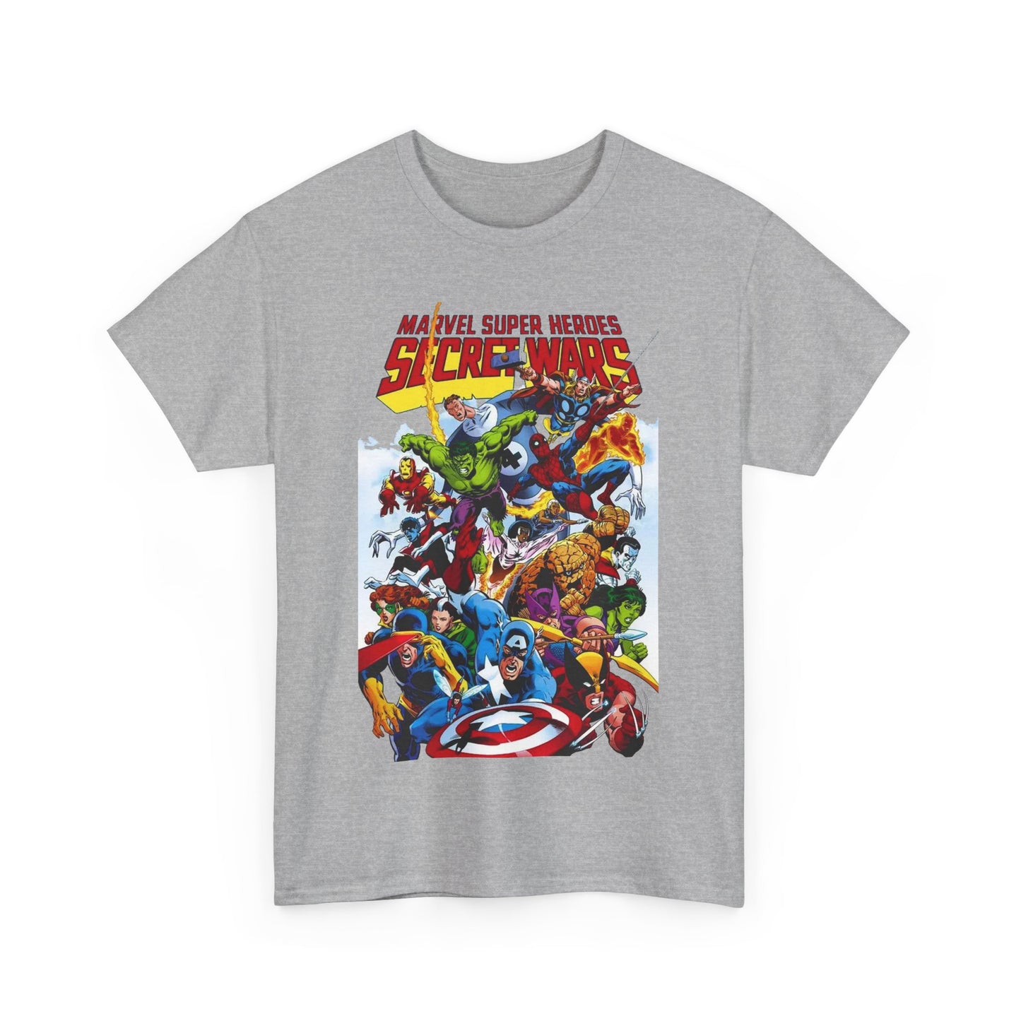 Secret Wars T-Shirt - Spider-man, Wolverine, Iron Man, Captain America, Cyclops, Rogue, Hulk, Mr Fantastic, The Thing - Classic Marvel Comics 1980s Series - The Beyonder
