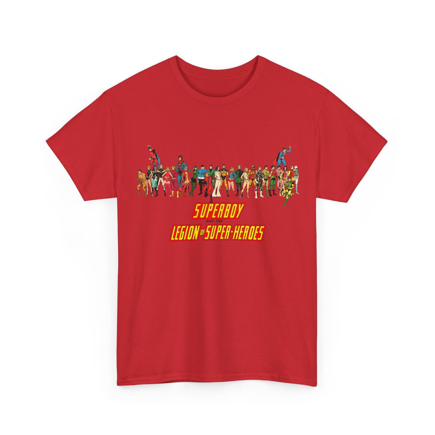 Superboy & Legion of Super-Heroes T-Shirt - 1970s DC Comics Art - Saturn Girl, Lightning Lad, Brainiac 5, Supergirl, Dawnstar, Mon-El, Bouncing Boy, Wildfire - LOSH